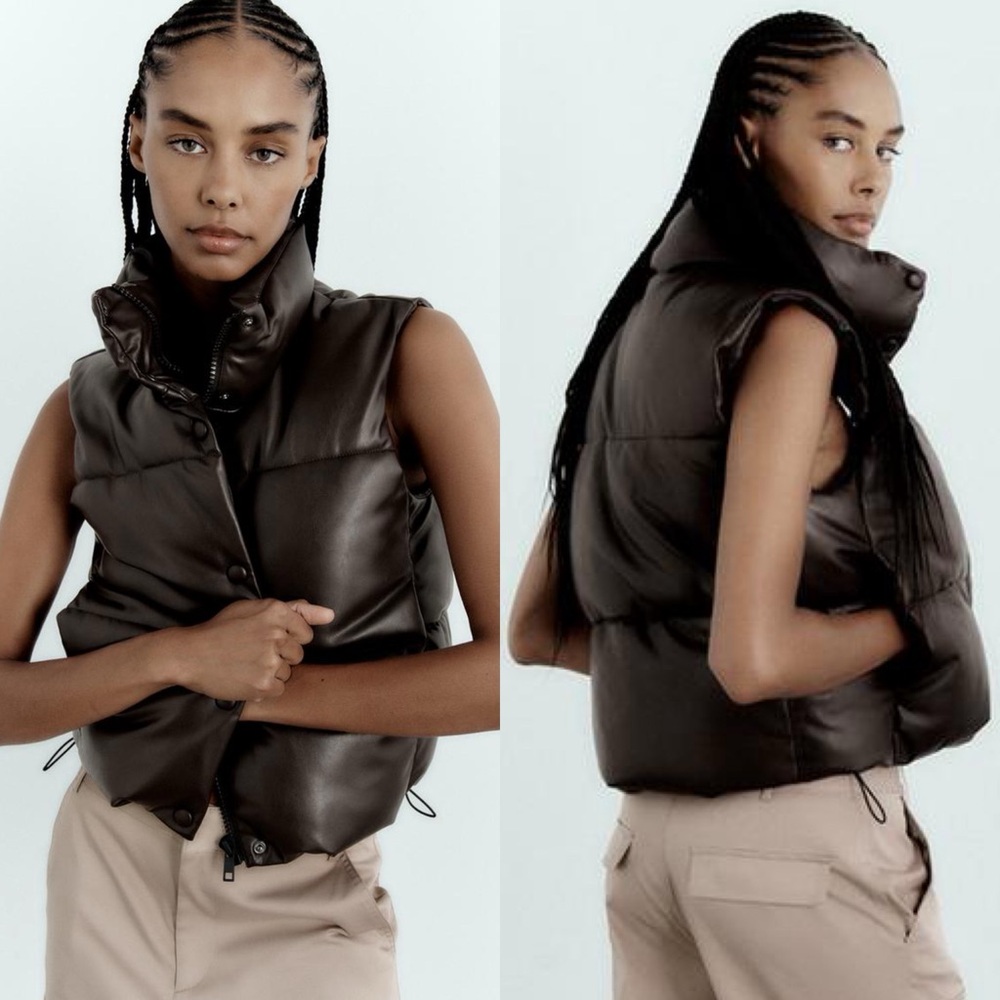 Zara Faux Leather Puffer Gilet Vest Dark Brown Size XS NEW